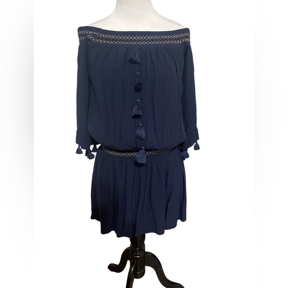 Lilly Pulitzer "Joelle" Off The Shoulder Tunic Dress Navy Blue Smocked small - Picture 3 of 4